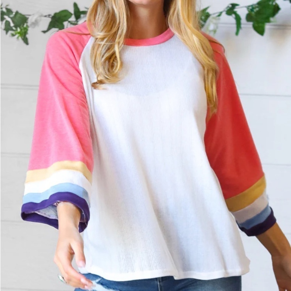 Sugarfox Pink Pointelle Colorblock Wide Sleeve Top – Raglan Sleeves – Size Small